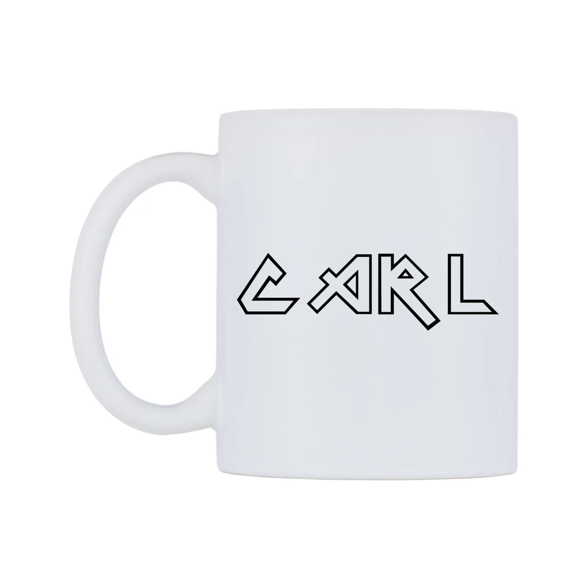Carl - Iron Maiden Themed Mug — white 11oz gloss mug, right side, on a white background