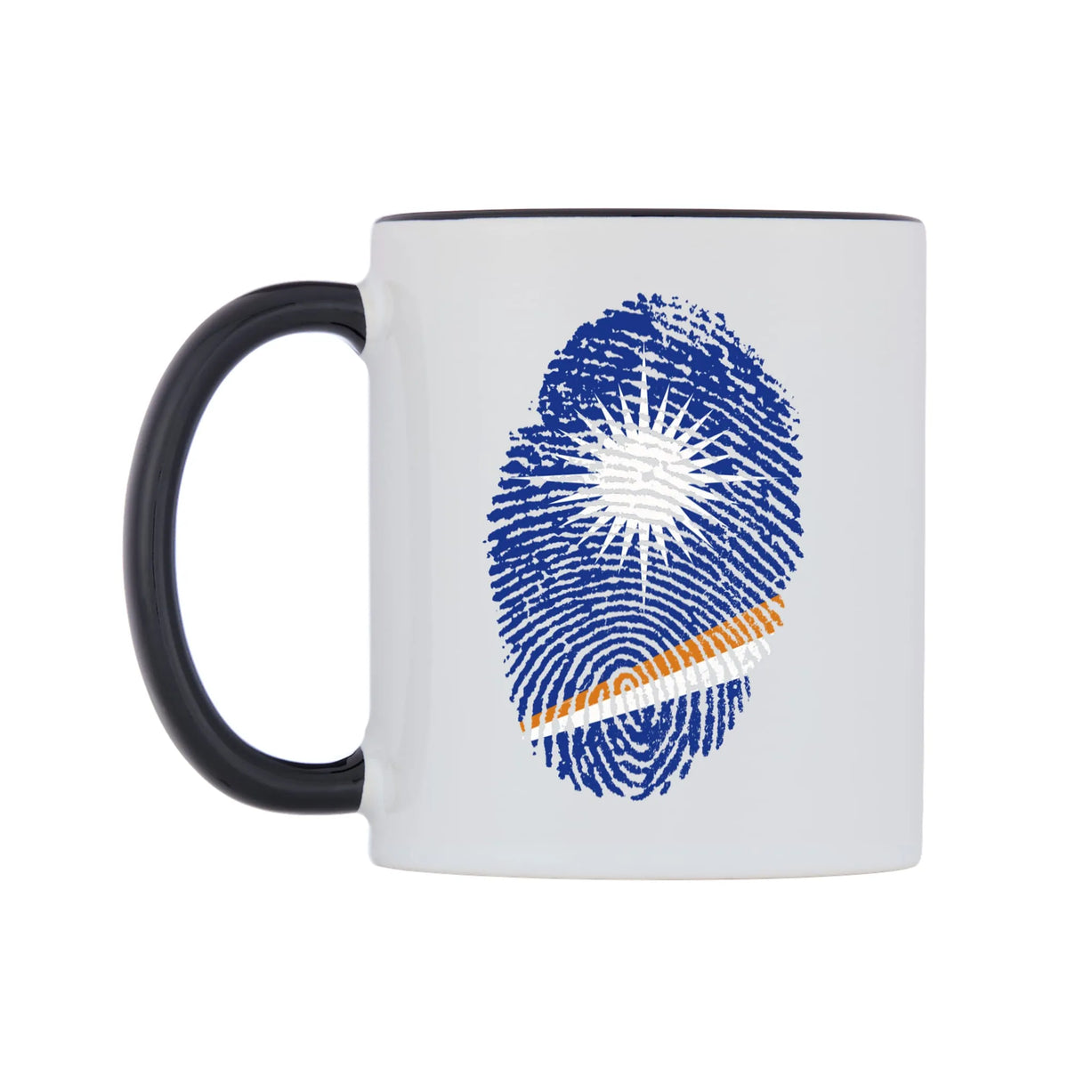 Marshall Islands Finger Print Flag Mug — white 11oz gloss mug with a black inside and handle, right side, on a white background