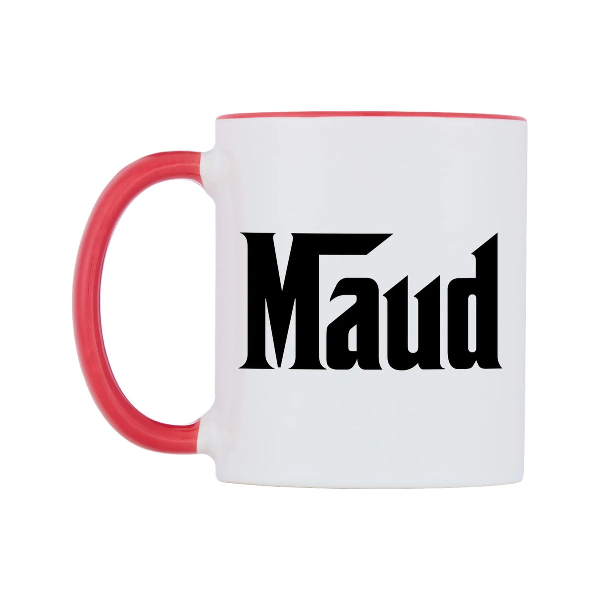 Maud - Godfather Themed Mug — white 11oz gloss mug with a red inside and handle, right side, on a white background