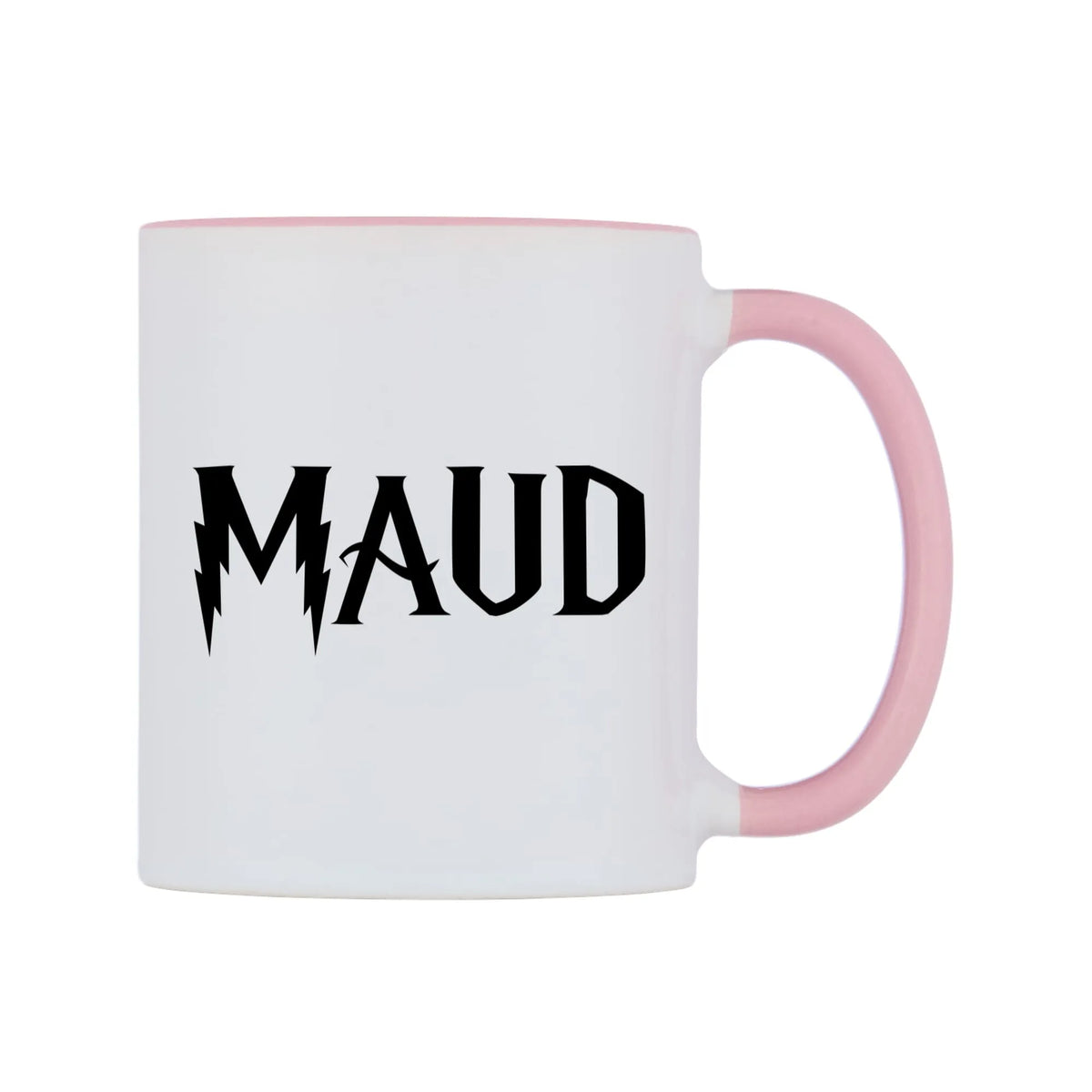 Maud - Wizard Themed Mug — white 11oz gloss mug with a pink inside and handle, left side, on a white background