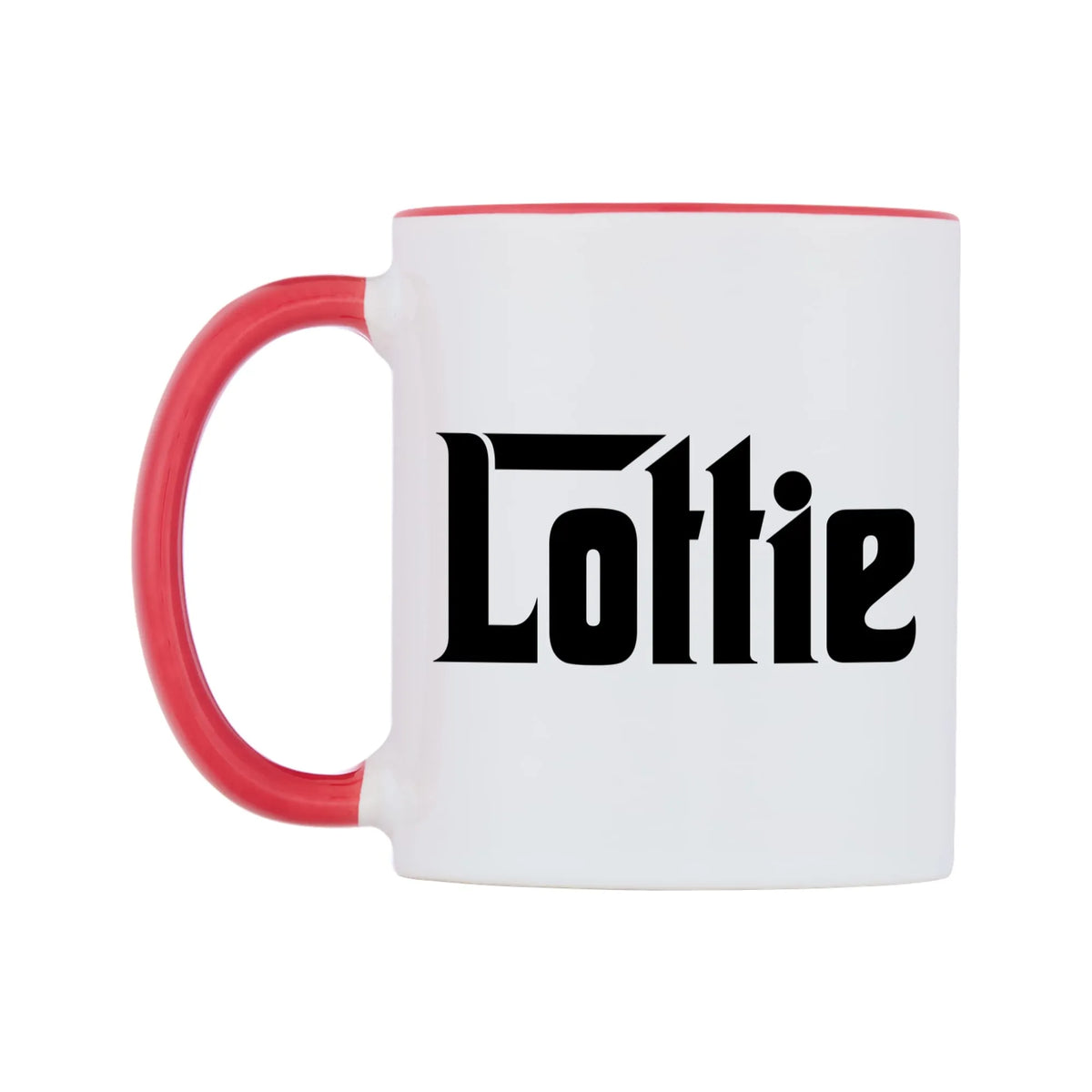 Lottie - Godfather Themed Mug — white 11oz gloss mug with a red inside and handle, right side, on a white background