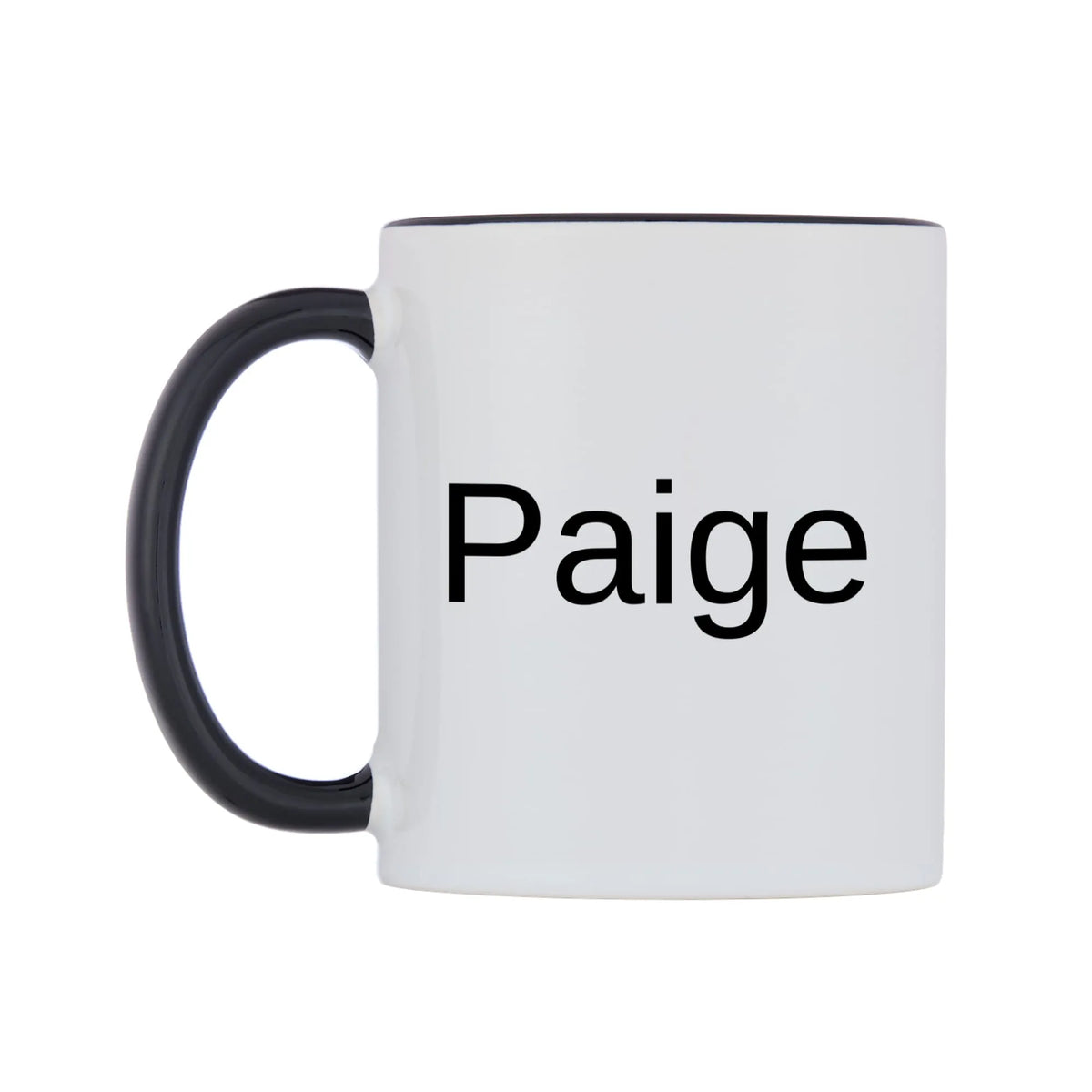 Paige Mug — white 11oz gloss mug with a black inside and handle, right side, on a white background
