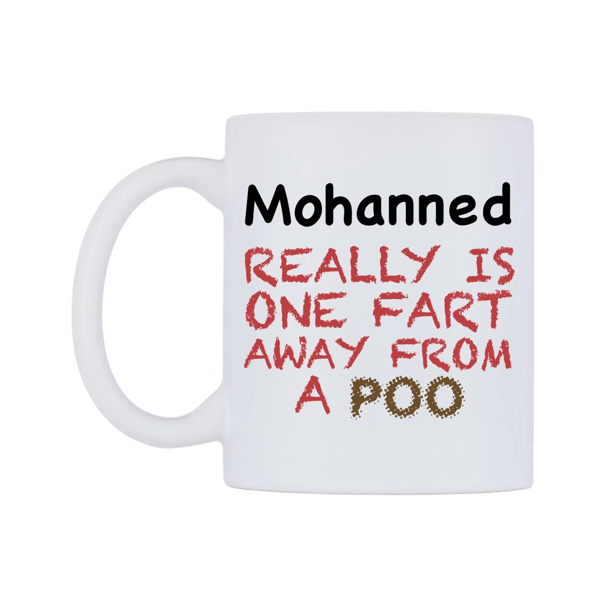 Mohanned Really is ONE Fart Away from A Poo Mug — mug, right side, on a white background