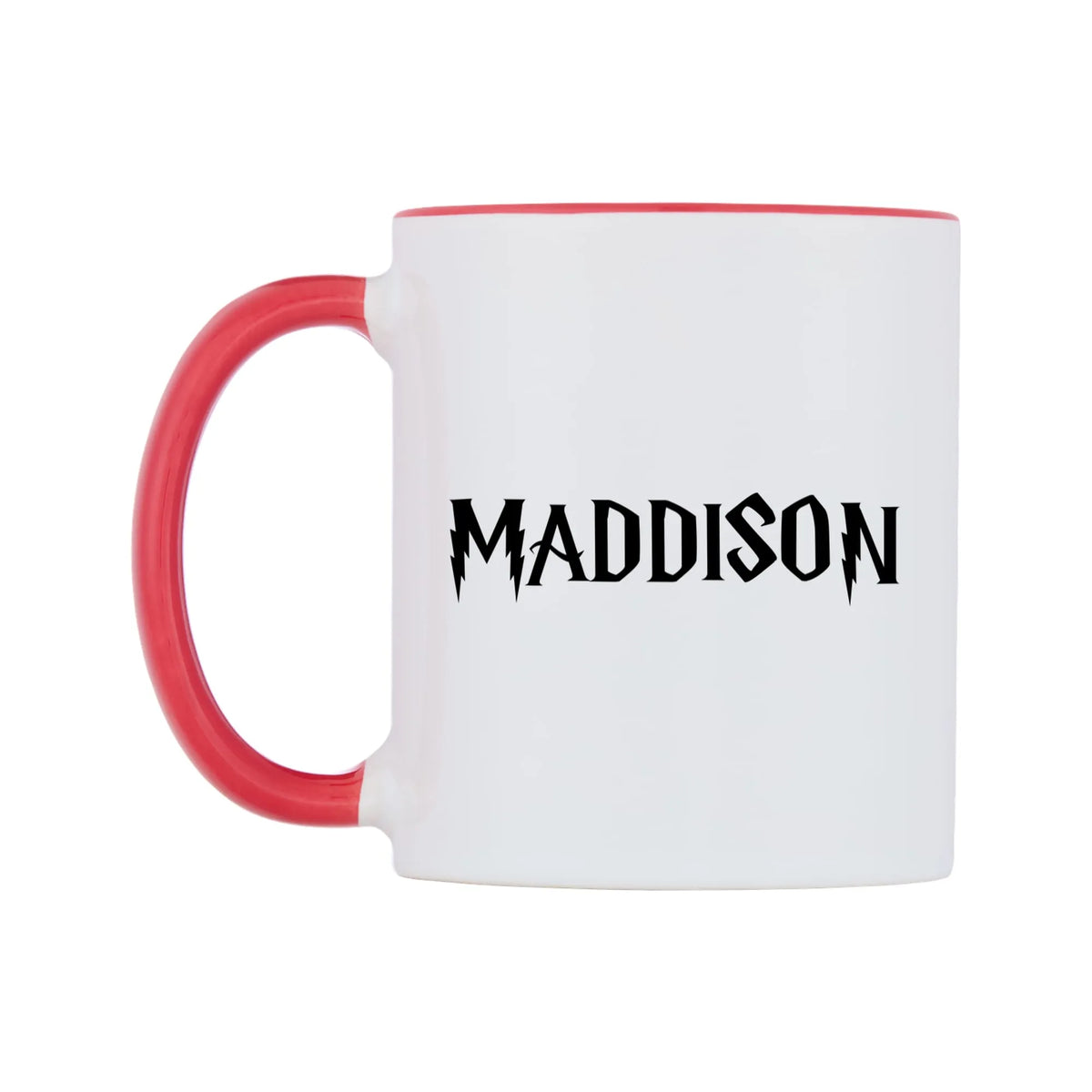 Maddison - Wizard Themed Mug — white 11oz gloss mug with a red inside and handle, right side, on a white background