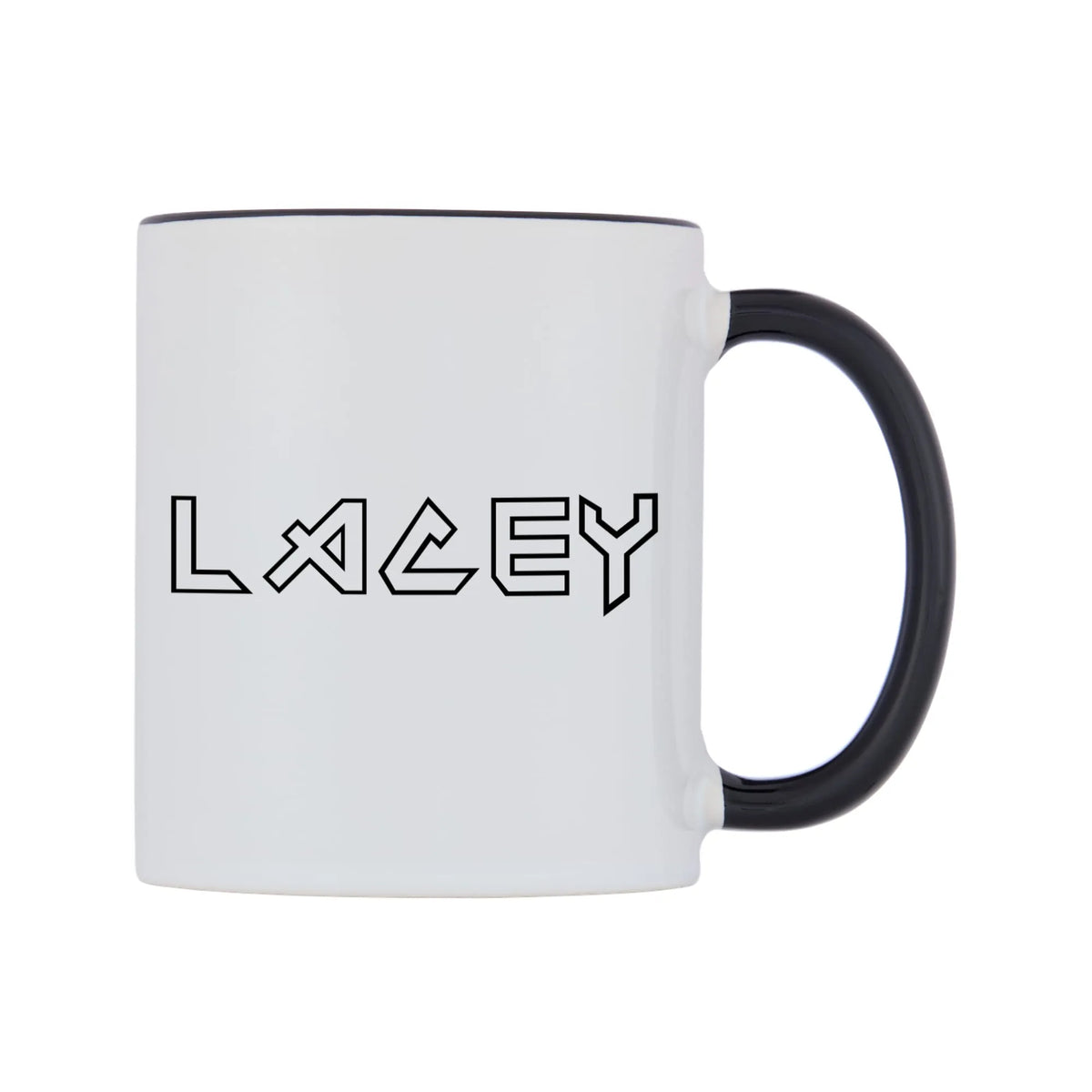 Lacey - Iron Maiden Themed Mug — white 11oz gloss mug with a black inside and handle, left side, on a white background