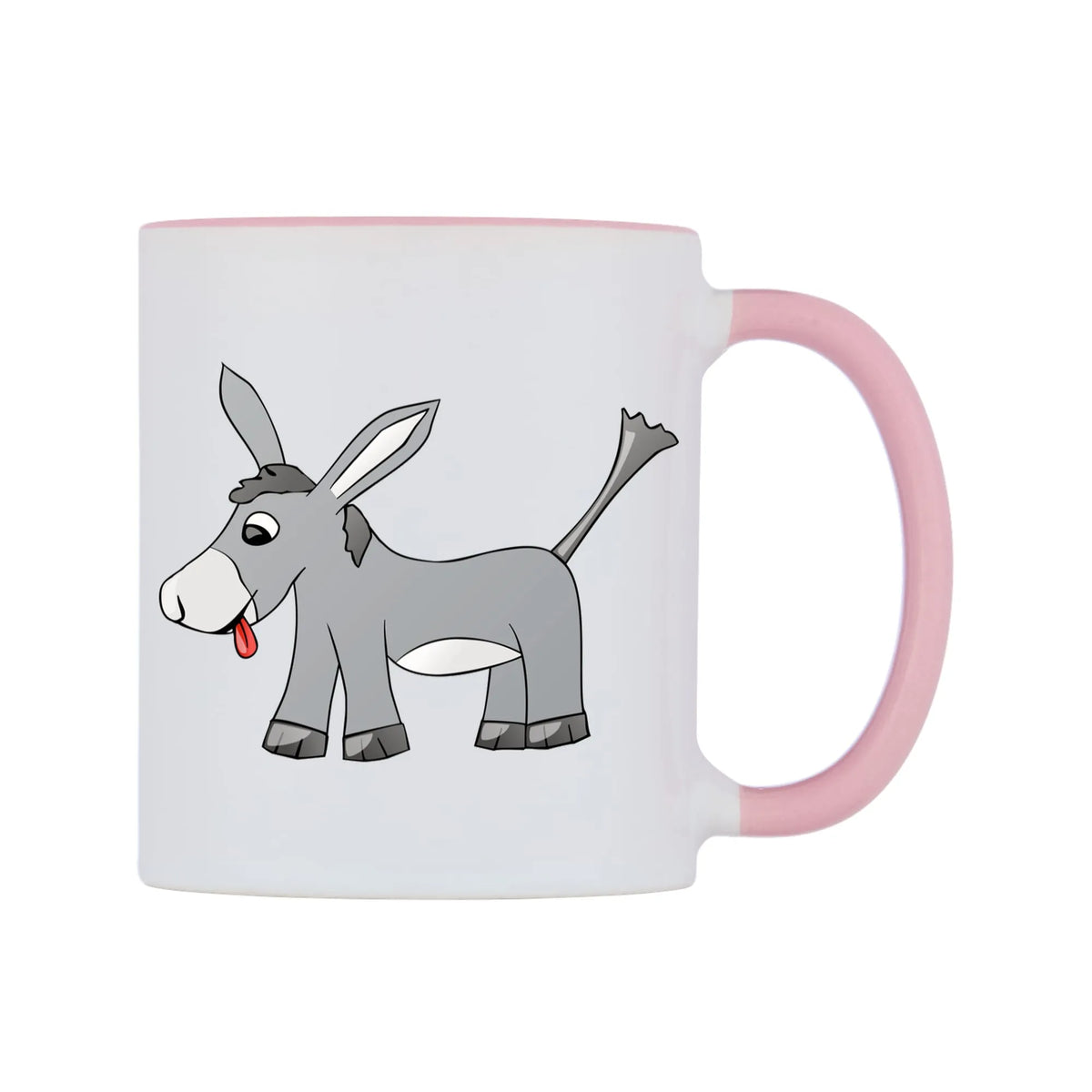 Cute Donkey Mug — white 11oz gloss mug with a pink inside and handle, left side, on a white background