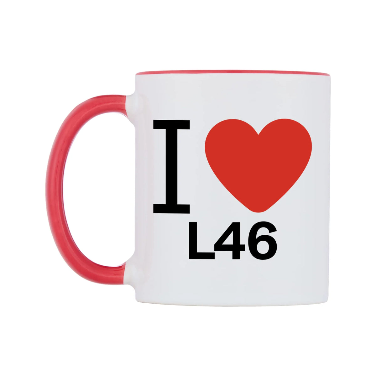 I Love L46 Mug — white 11oz gloss mug with a red inside and handle, right side, on a white background