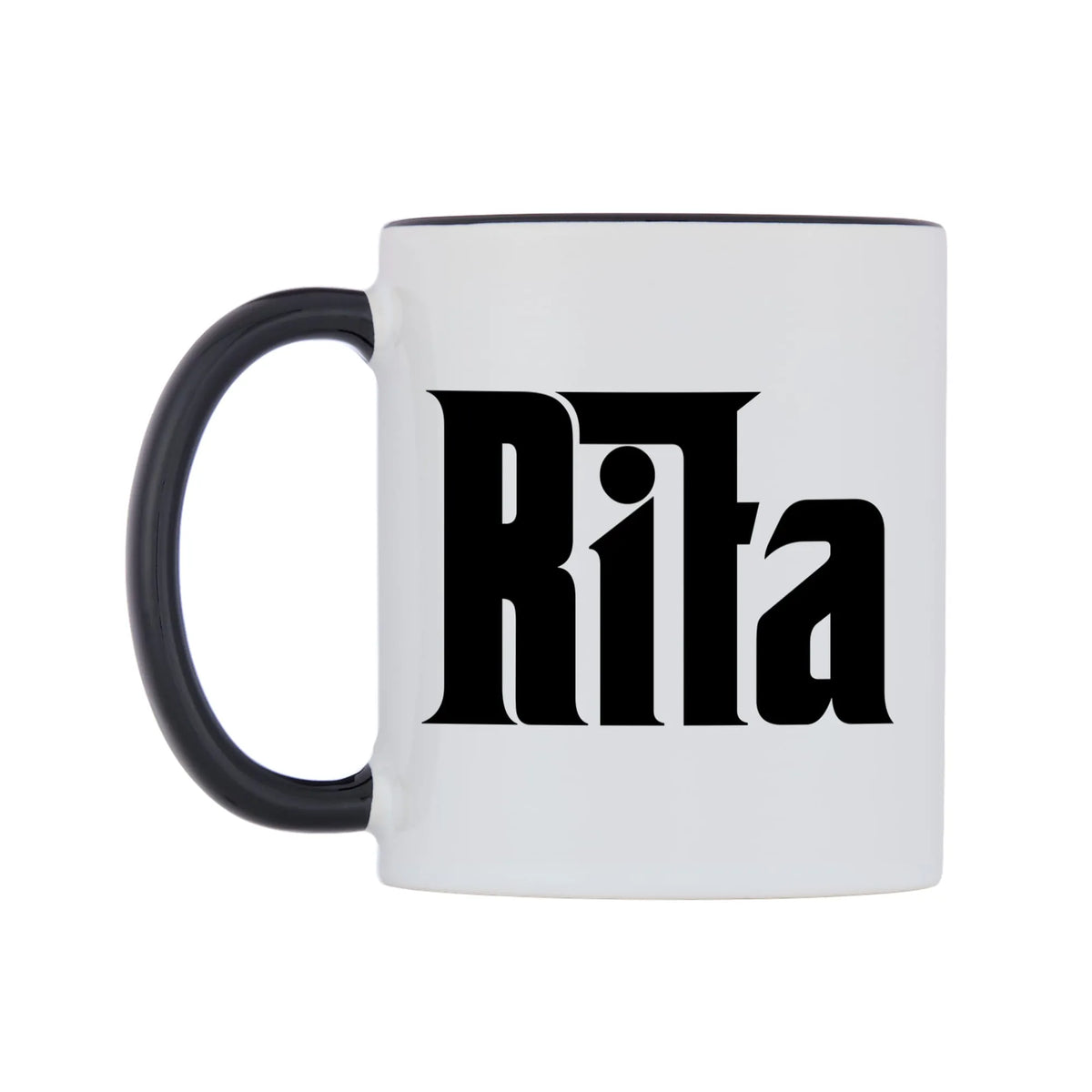 Rita - Godfather Themed Mug — white 11oz gloss mug with a black inside and handle, right side, on a white background