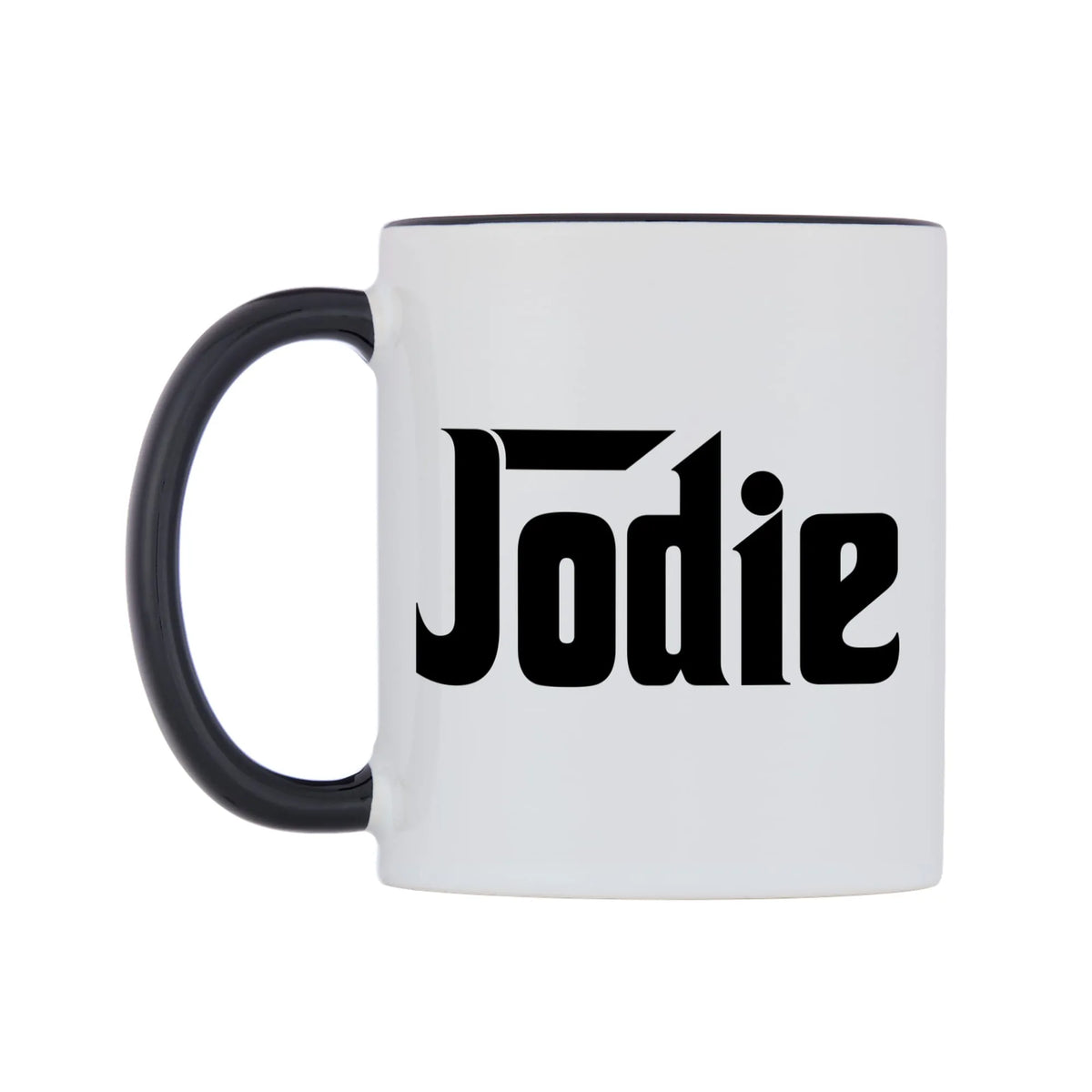 Jodie - Godfather Themed Mug — white 11oz gloss mug with a black inside and handle, right side, on a white background