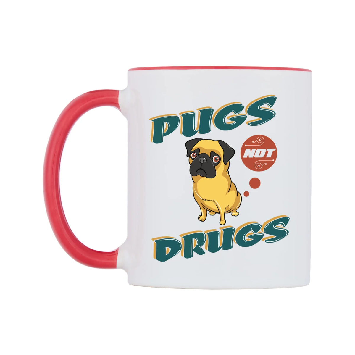 Pugs Not Drugs Mug — white 11oz gloss mug with a red inside and handle, right side, on a white background