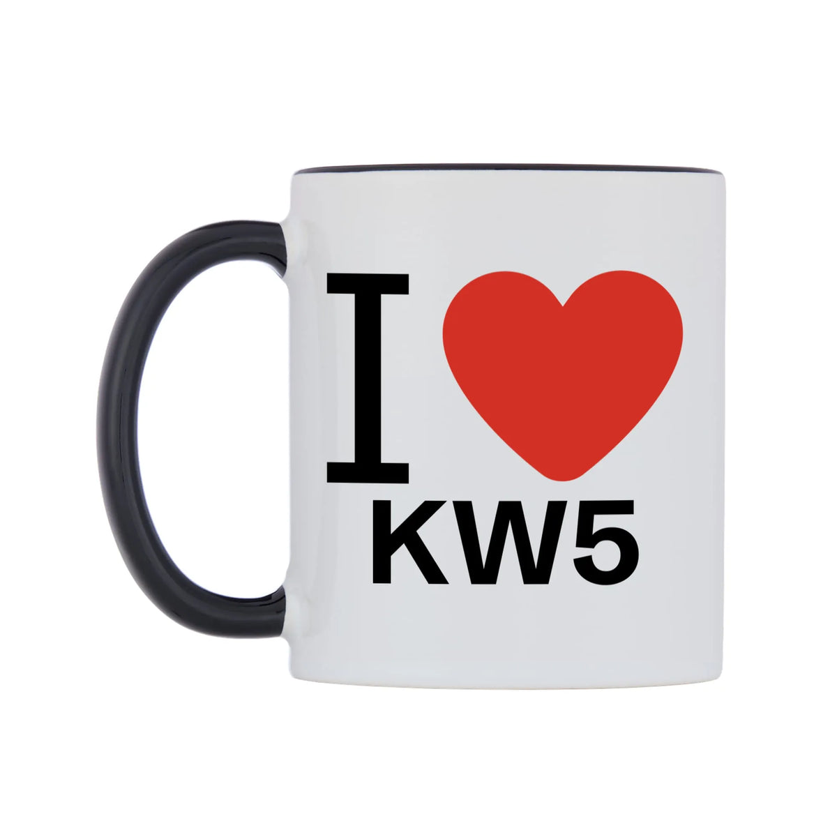 I Love KW5 Mug — white 11oz gloss mug with a black inside and handle, right side, on a white background