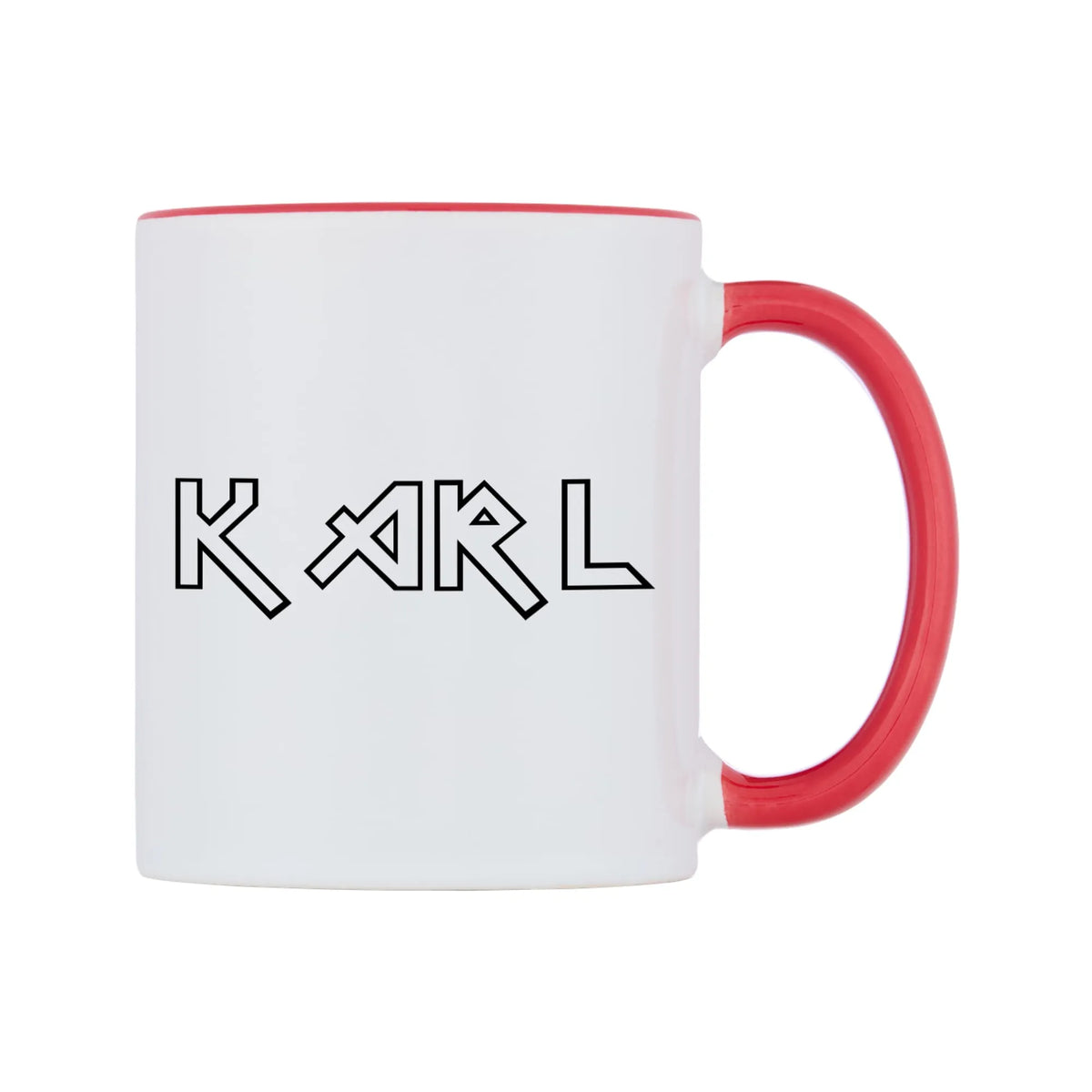 Karl - Iron Maiden Themed Mug — white 11oz gloss mug with a red inside and handle, left side, on a white background