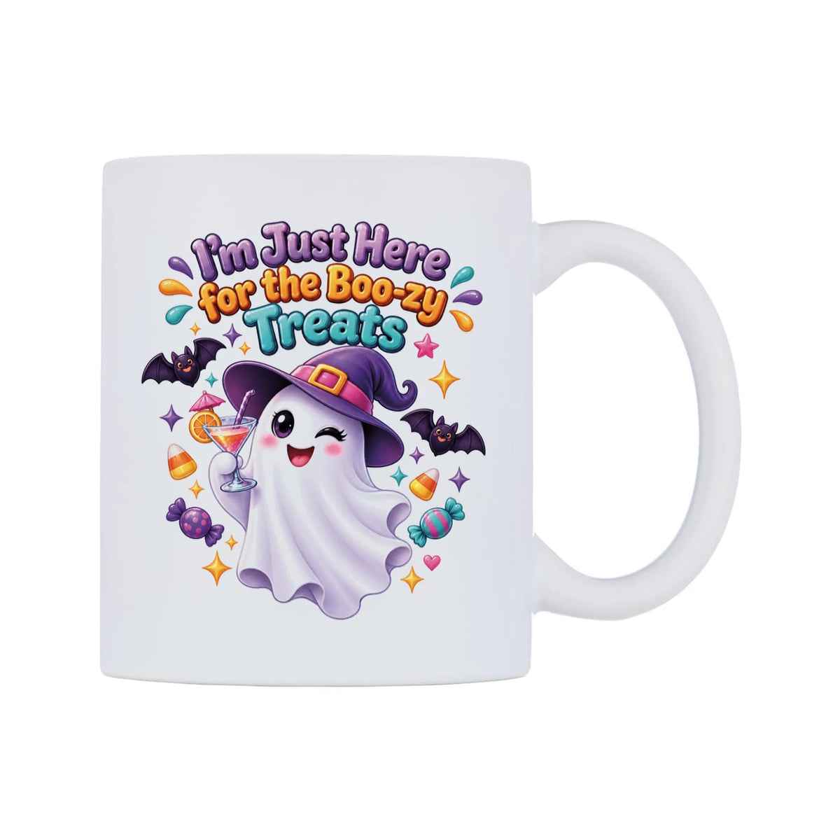 I'm Just Here for the Boo-zy Treats Mug — white 11oz gloss mug, left side, on a white background