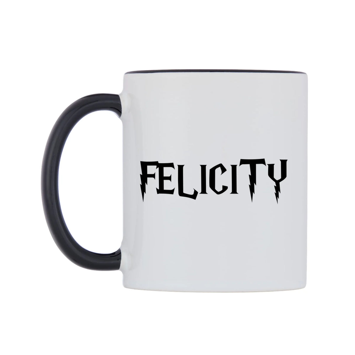 Felicity - Wizard Themed Mug — white 11oz gloss mug with a black inside and handle, right side, on a white background