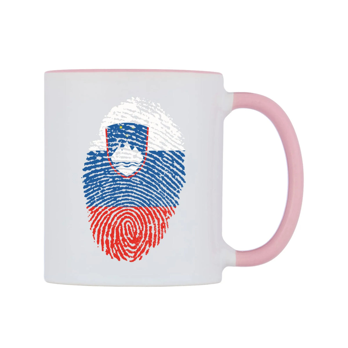 Slovenia Finger Print Flag Mug — white 11oz gloss mug with a pink inside and handle, left side, on a white background