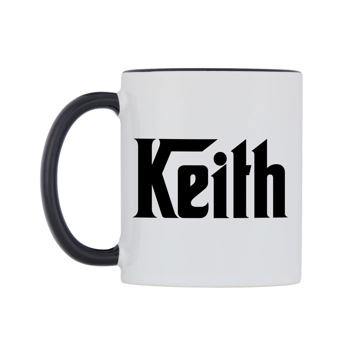 Keith - Godfather Themed Mug — white 11oz gloss mug with a black inside and handle, right side, on a white background