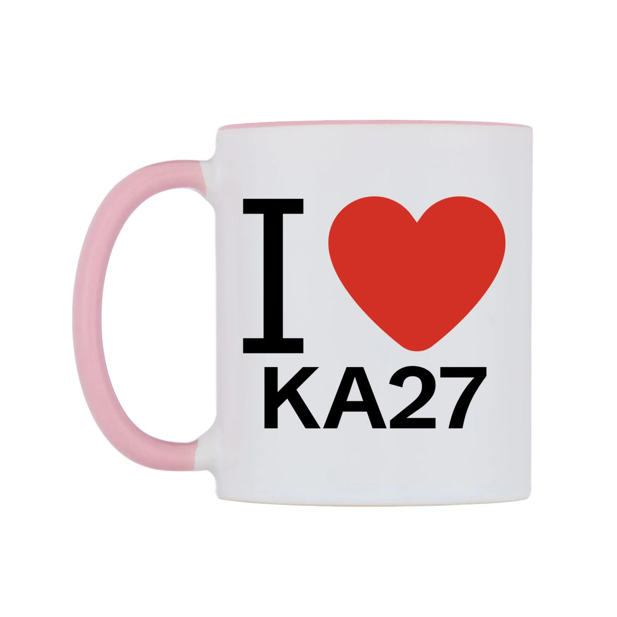 I Love KA27 Mug — white 11oz gloss mug with a pink inside and handle, right side, on a white background