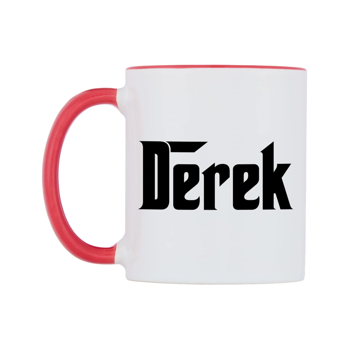 Derek - Godfather Themed Mug — white 11oz gloss mug with a red inside and handle, right side, on a white background