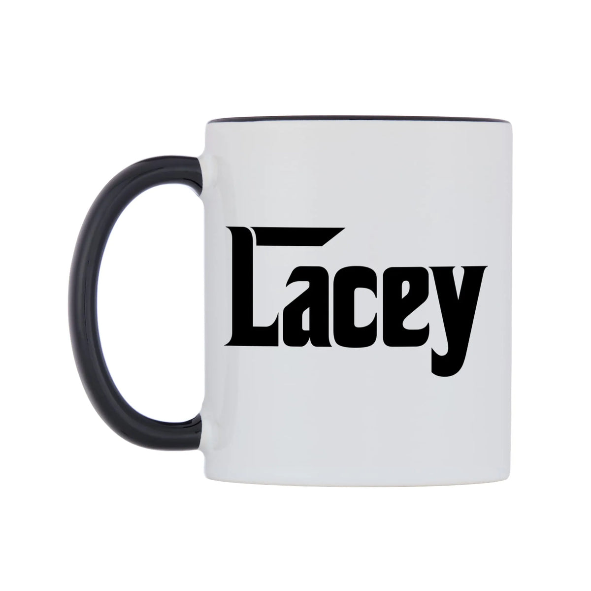 Lacey - Godfather Themed Mug — white 11oz gloss mug with a black inside and handle, right side, on a white background