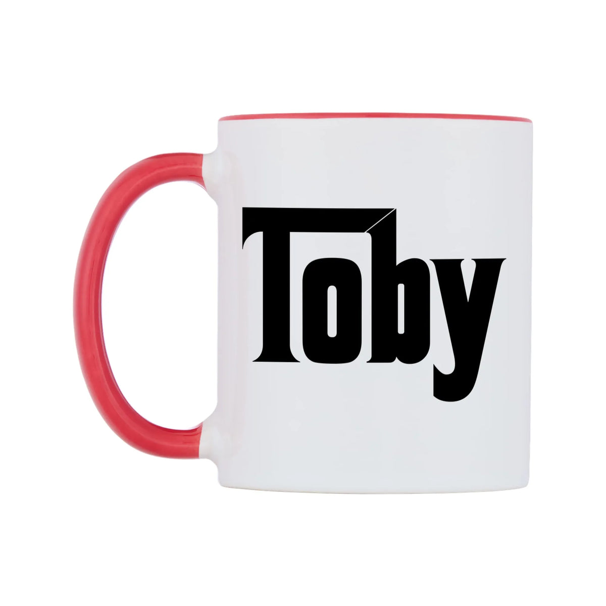Toby - Godfather Themed Mug — white 11oz gloss mug with a red inside and handle, right side, on a white background