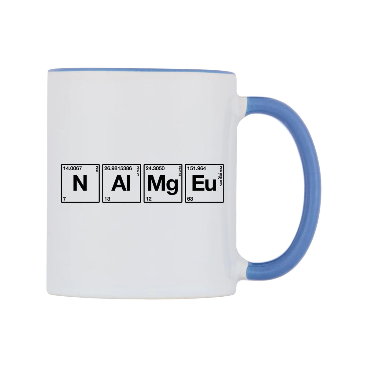 Chemistry Themed Personalised Mug — white 11oz gloss mug with a cambridge blue inside and handle, left side, on a white background