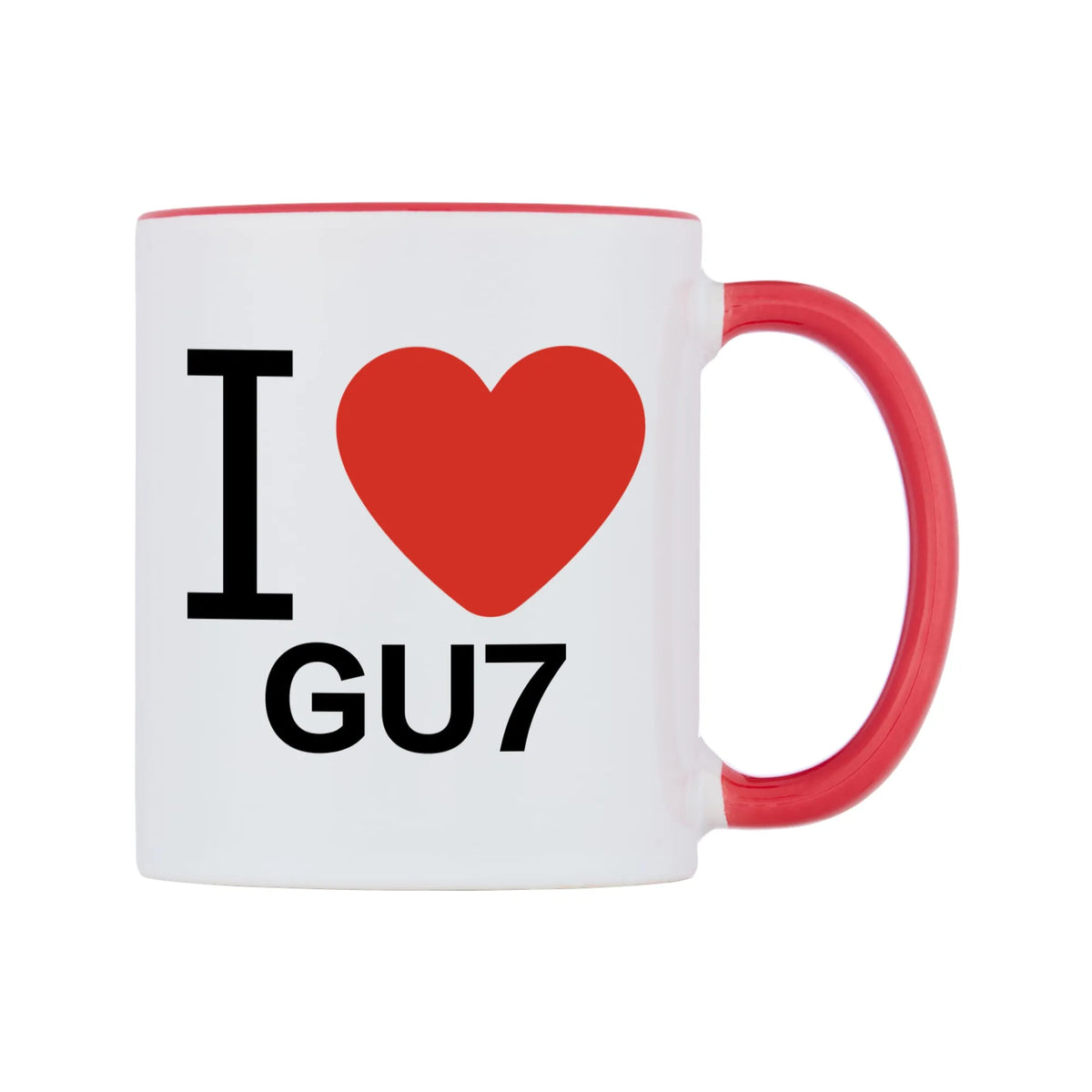 I Love GU7 Mug — white 11oz gloss mug with a red inside and handle, left side, on a white background