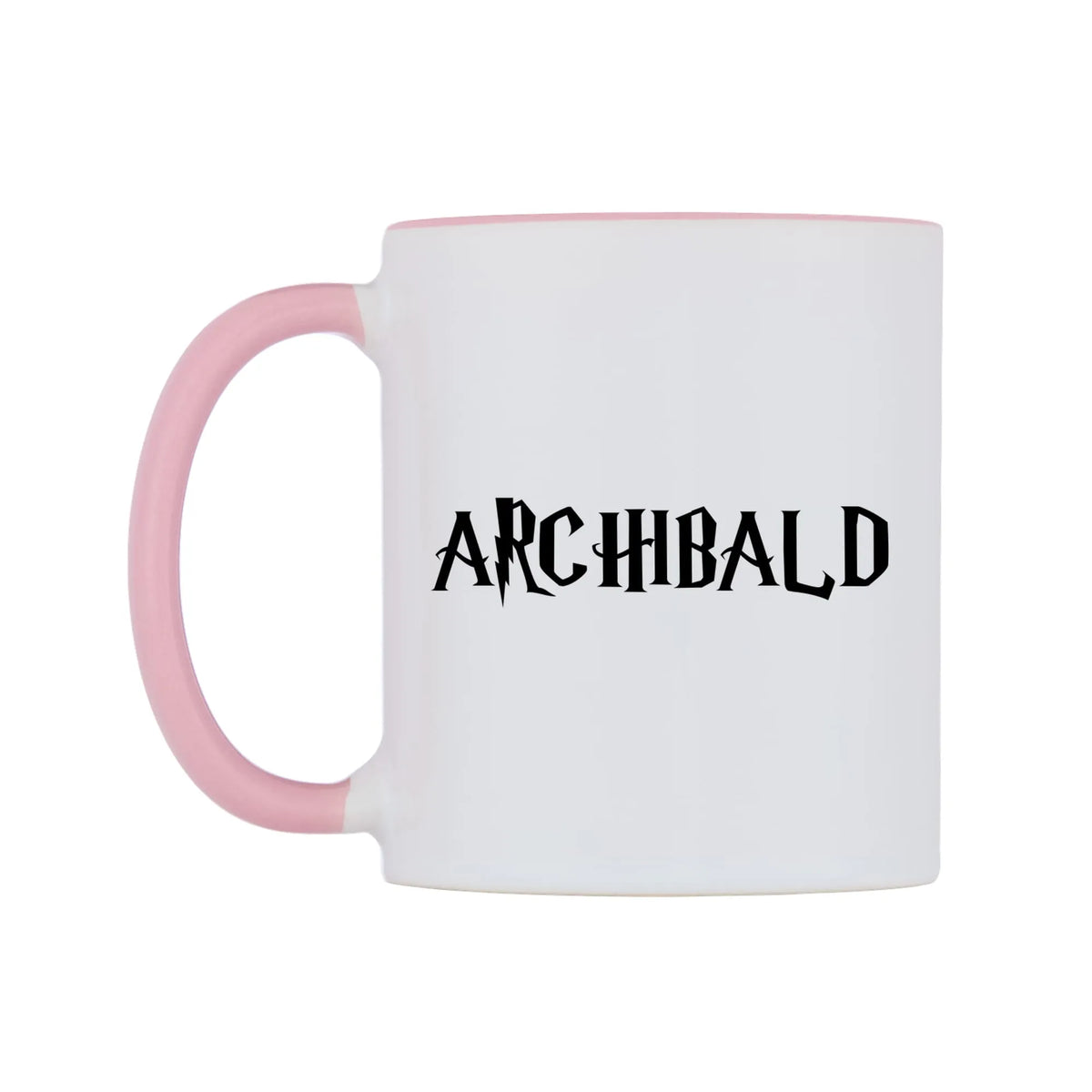 Archibald - Wizard Themed Mug — white 11oz gloss mug with a pink inside and handle, right side, on a white background