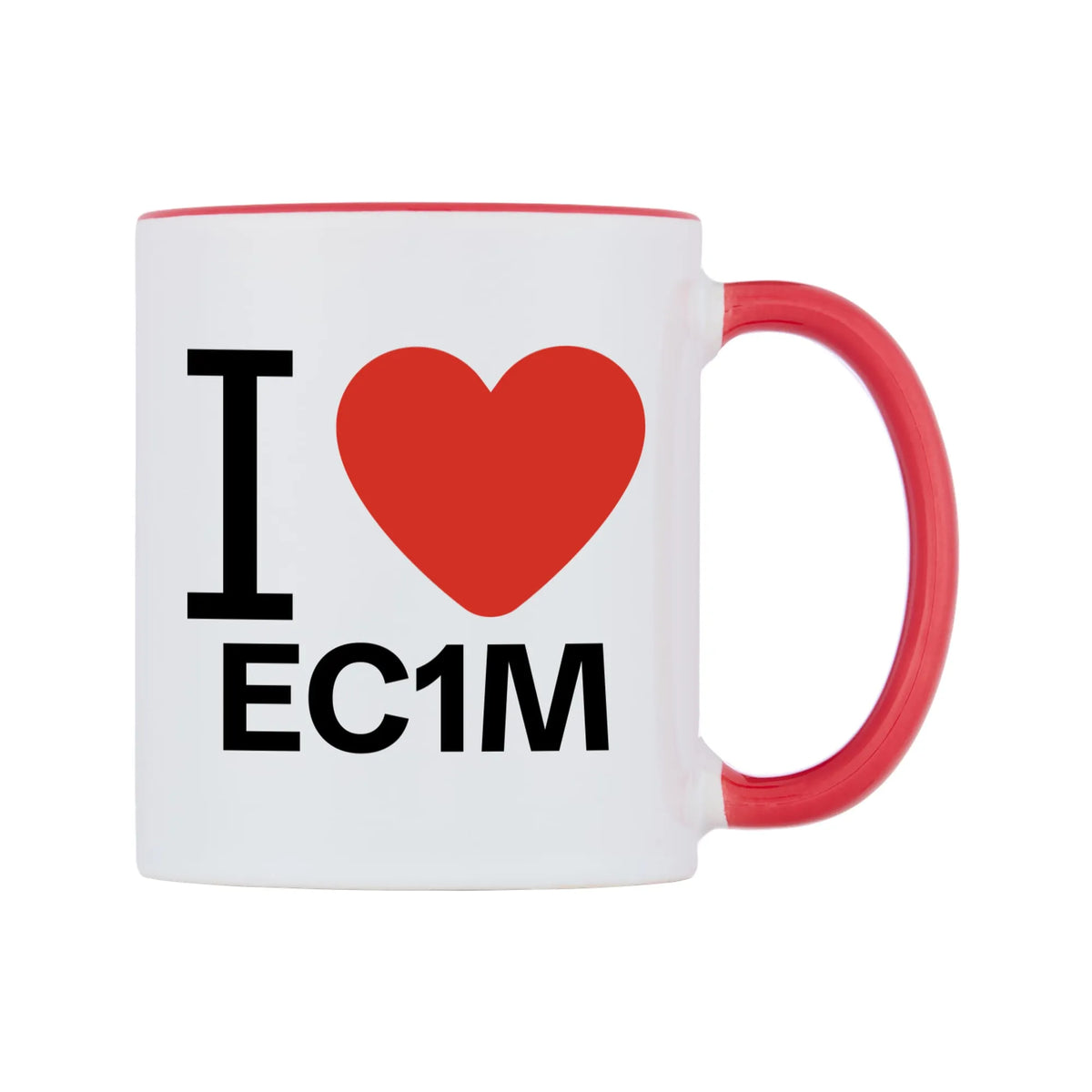 I Love EC1M Mug — white 11oz gloss mug with a red inside and handle, left side, on a white background