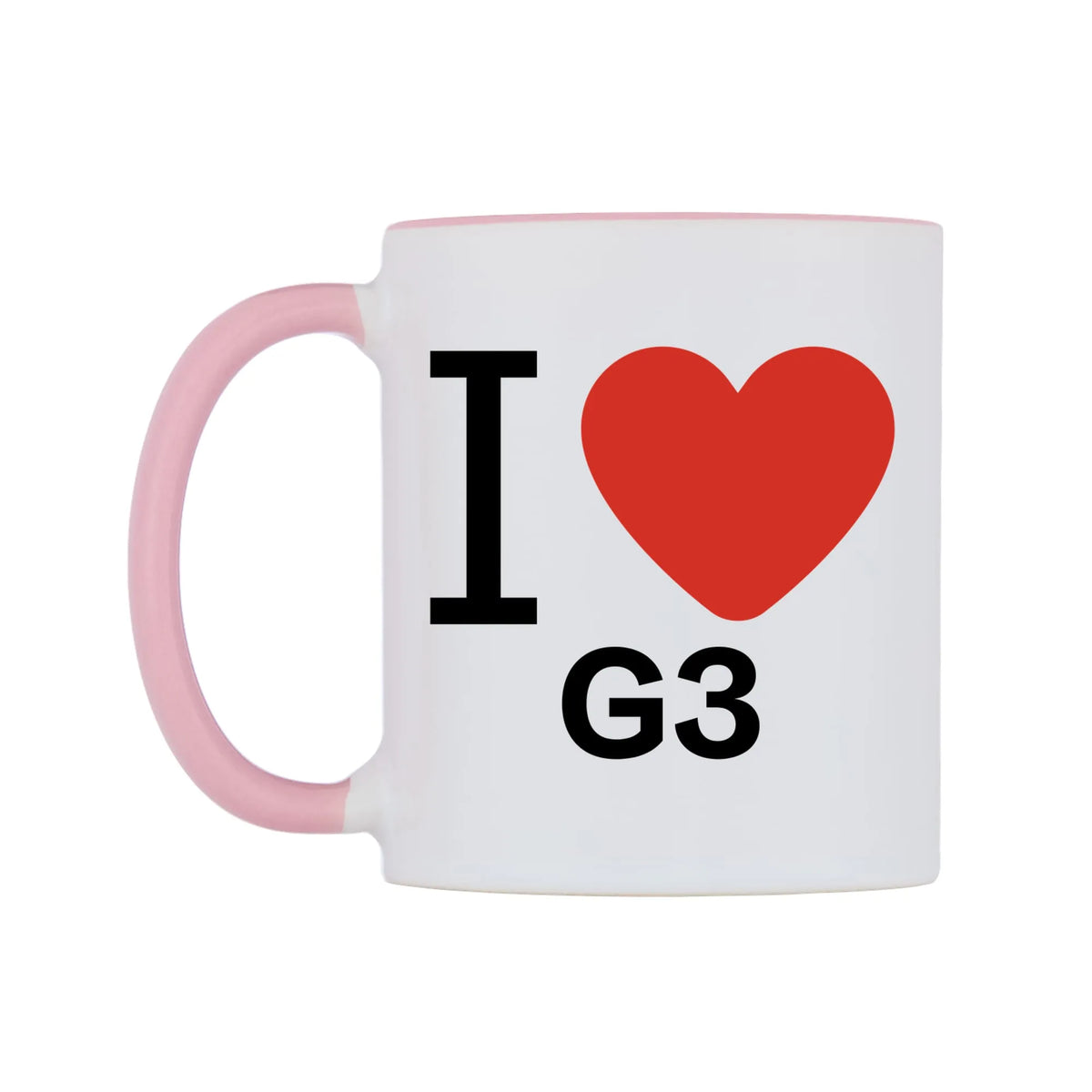 I Love G3 Mug — white 11oz gloss mug with a pink inside and handle, right side, on a white background