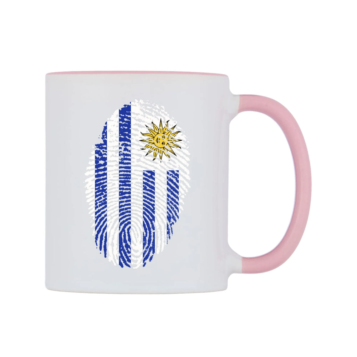 Uruguay Finger Print Flag Mug — white 11oz gloss mug with a pink inside and handle, left side, on a white background