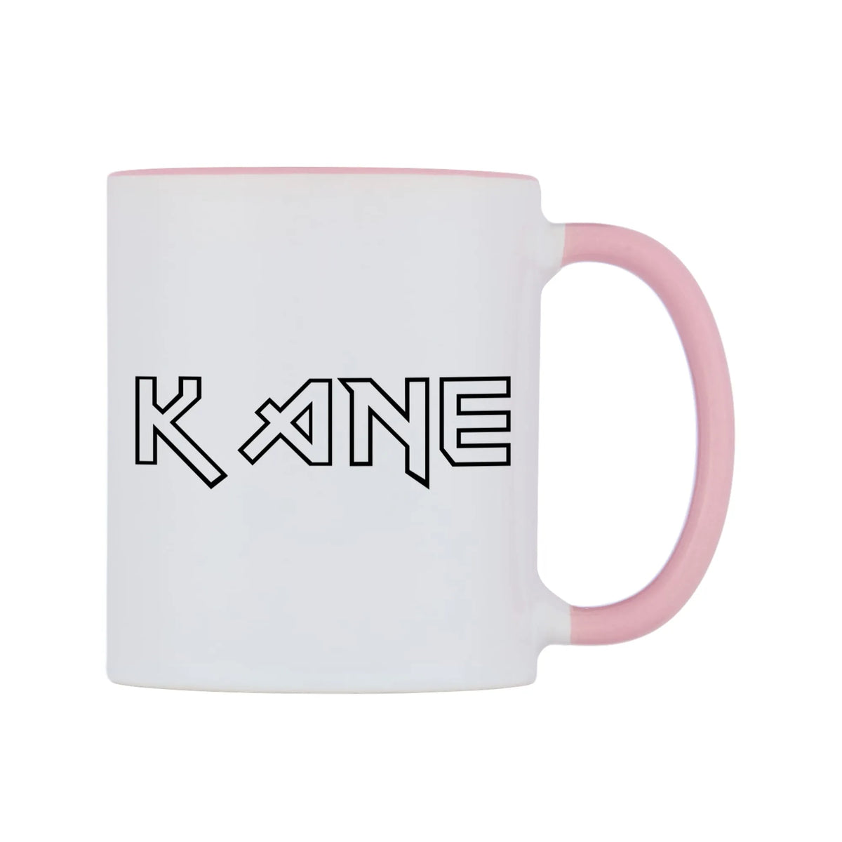 Kane - Iron Maiden Themed Mug — white 11oz gloss mug with a pink inside and handle, left side, on a white background