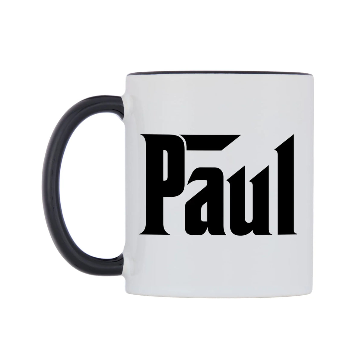 Paul - Godfather Themed Mug — white 11oz gloss mug with a black inside and handle, right side, on a white background
