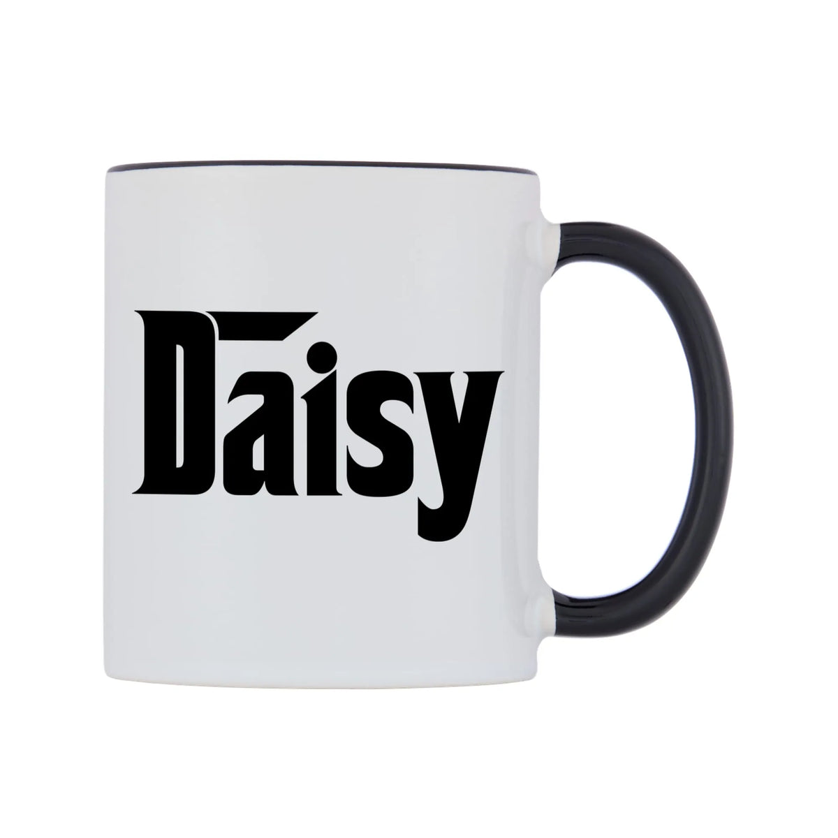 Daisy - Godfather Themed Mug — white 11oz gloss mug with a black inside and handle, left side, on a white background