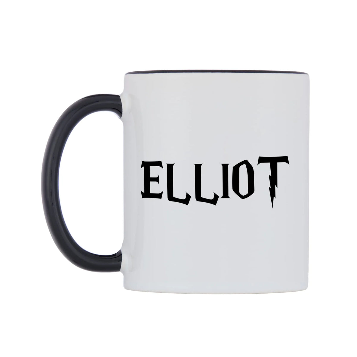 Elliot - Wizard Themed Mug — white 11oz gloss mug with a black inside and handle, right side, on a white background