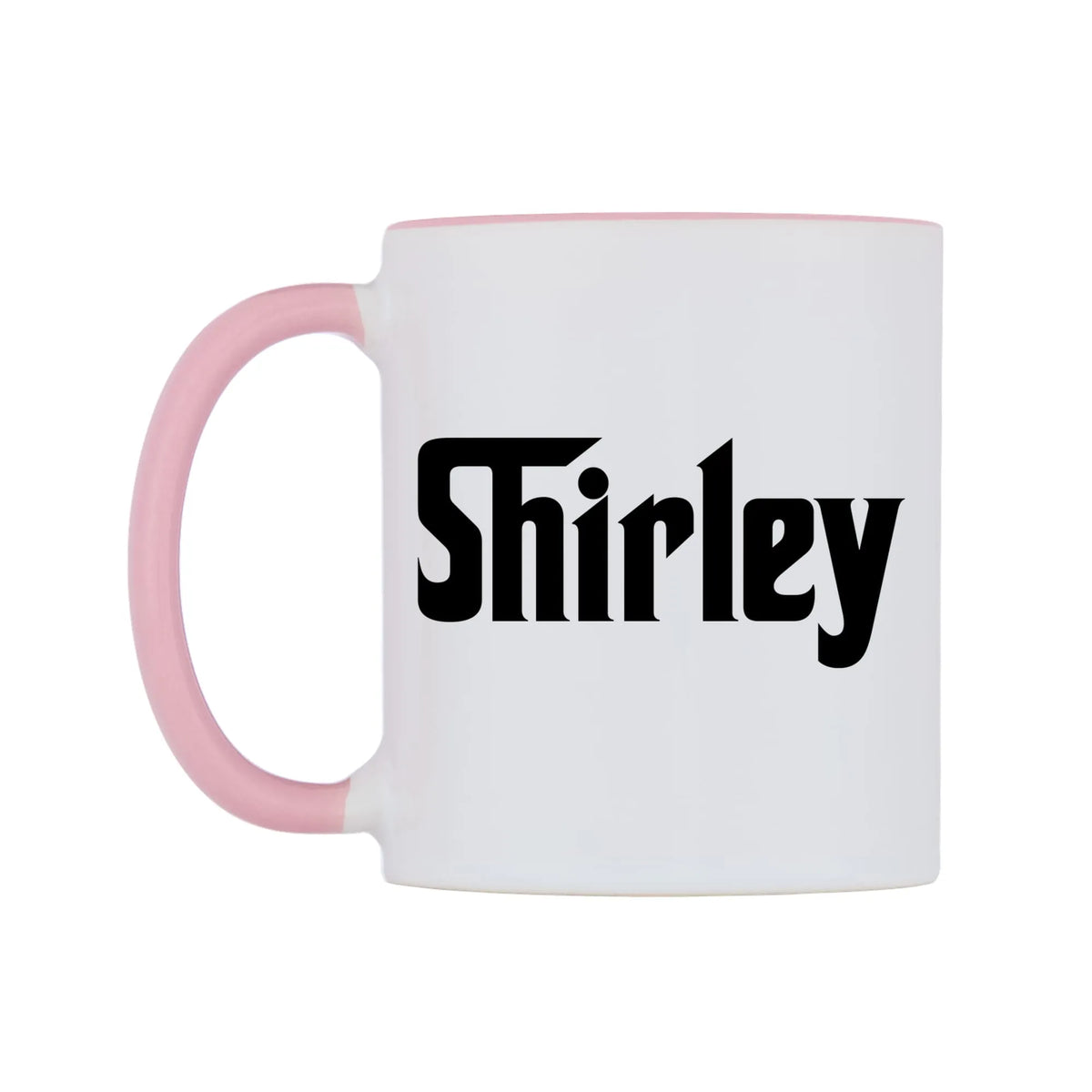 Shirley - Godfather Themed Mug — white 11oz gloss mug with a pink inside and handle, right side, on a white background