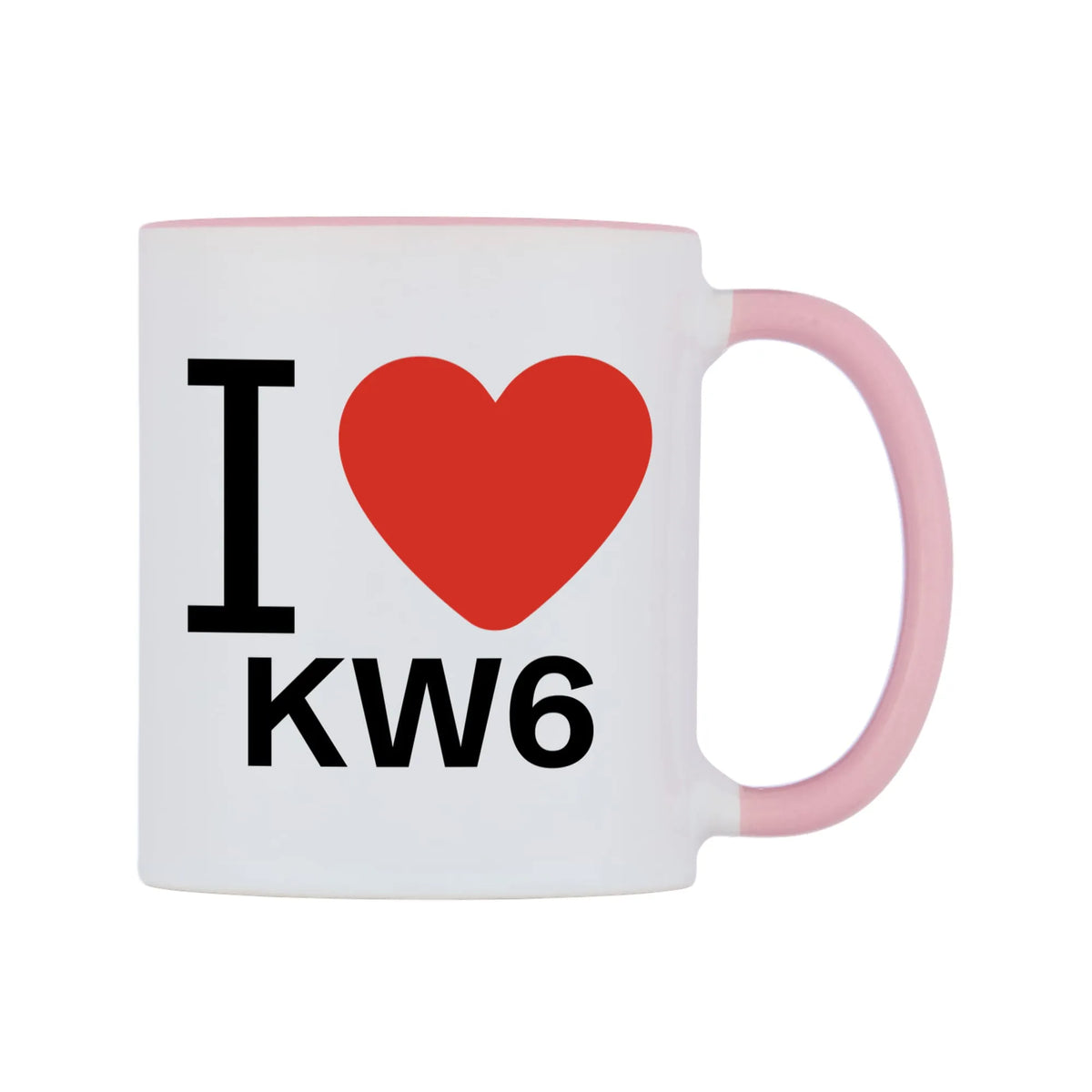 I Love KW6 Mug — white 11oz gloss mug with a pink inside and handle, left side, on a white background