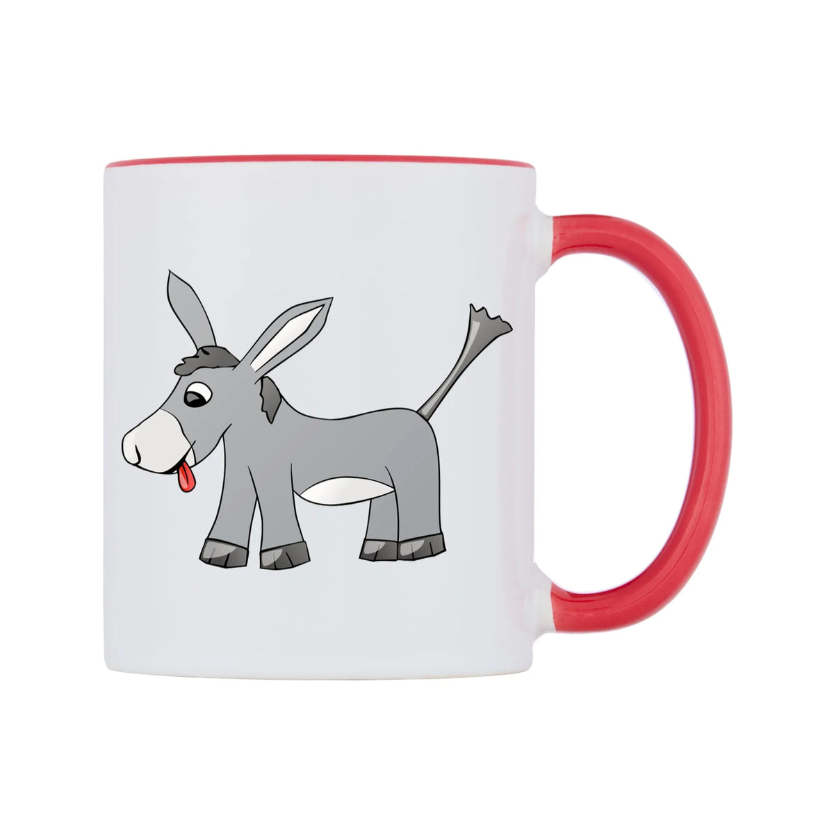Cute Donkey Mug — white 11oz gloss mug with a red inside and handle, left side, on a white background