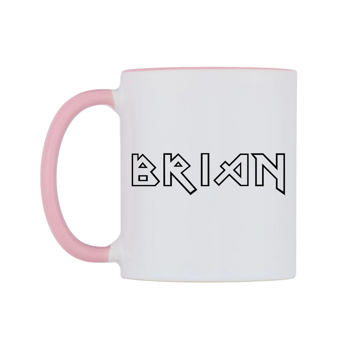 Brian - Iron Maiden Themed Mug — white 11oz gloss mug with a pink inside and handle, right side, on a white background