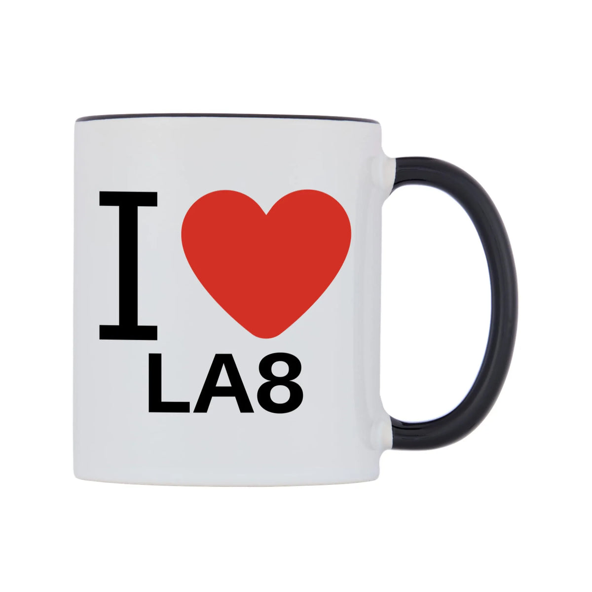 I Love LA8 Mug — white 11oz gloss mug with a black inside and handle, left side, on a white background