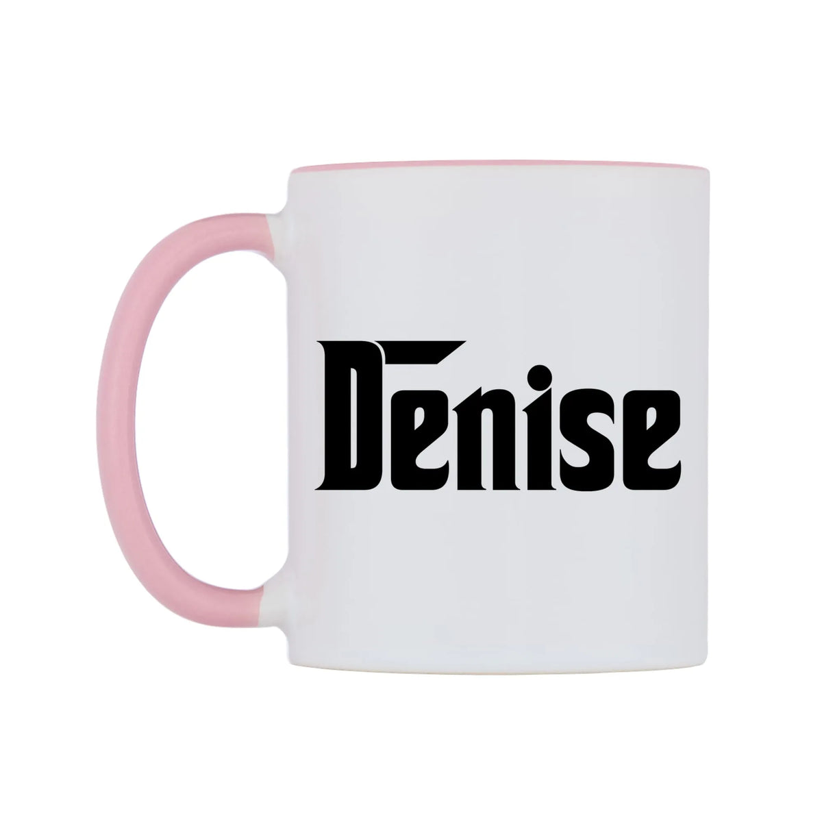 Denise - Godfather Themed Mug — white 11oz gloss mug with a pink inside and handle, right side, on a white background