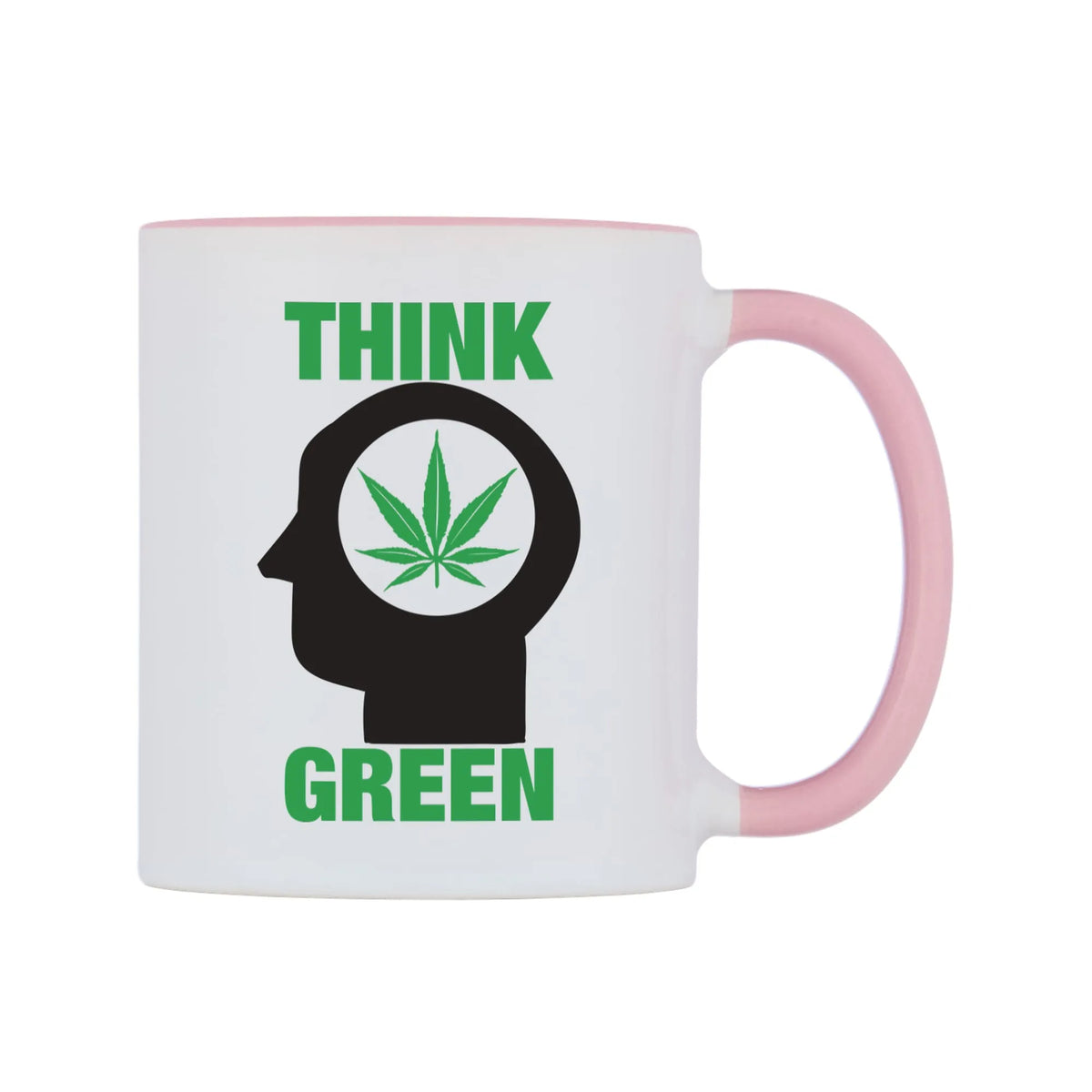 Think Green Mug — white 11oz gloss mug with a pink inside and handle, left side, on a white background