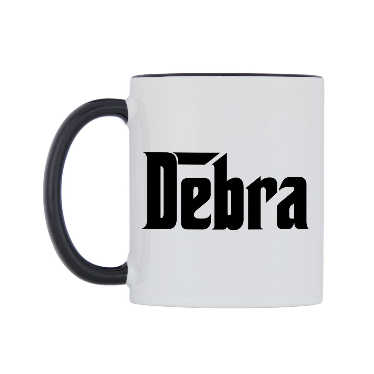 Debra - Godfather Themed Mug — white 11oz gloss mug with a black inside and handle, right side, on a white background