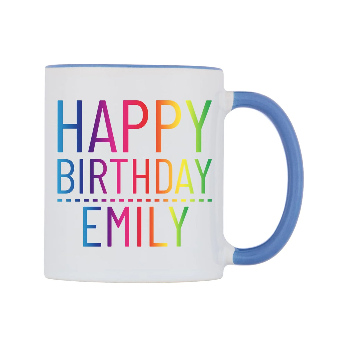 Personalised Happy Birthday (Rainbow) Mug — white 11oz gloss mug with a cambridge blue inside and handle, left side, on a white background