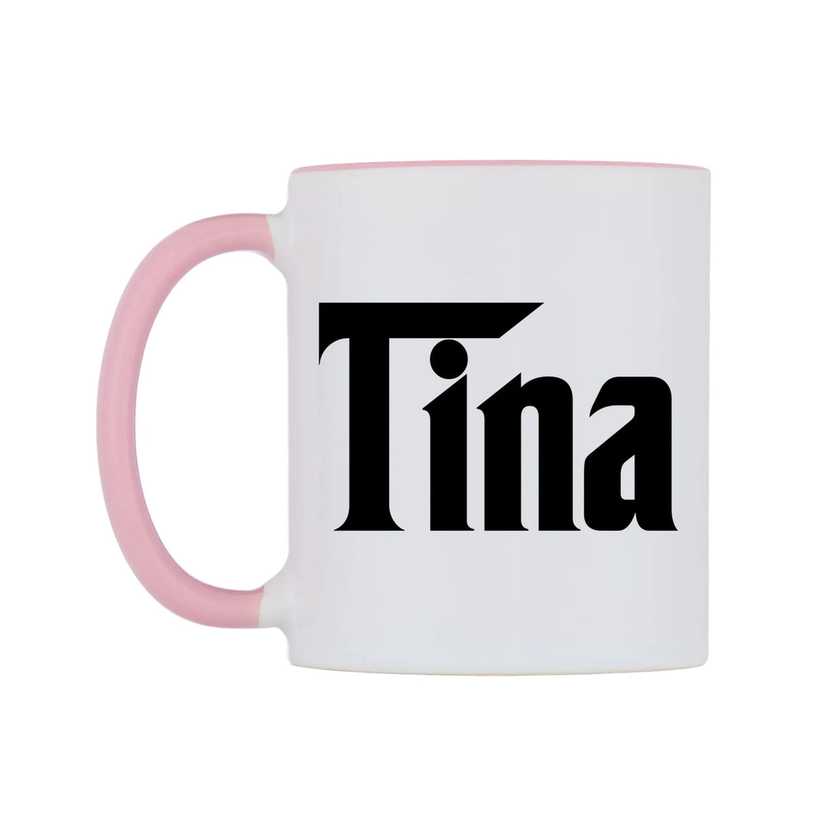 Tina - Godfather Themed Mug — white 11oz gloss mug with a pink inside and handle, right side, on a white background