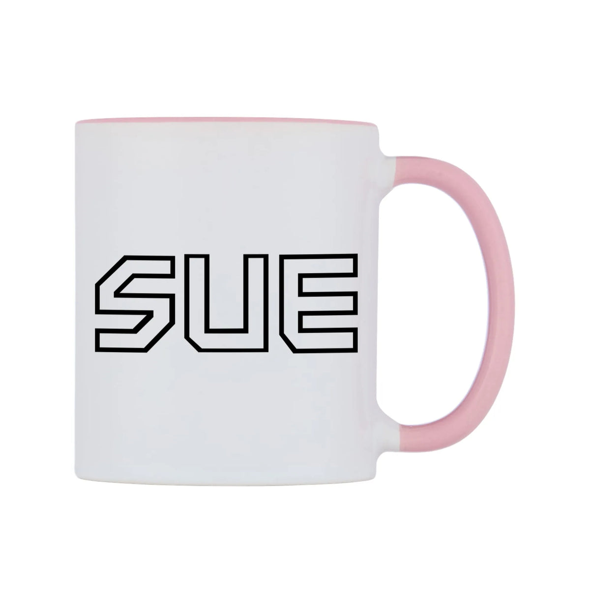 Sue - Iron Maiden Themed Mug — white 11oz gloss mug with a pink inside and handle, left side, on a white background