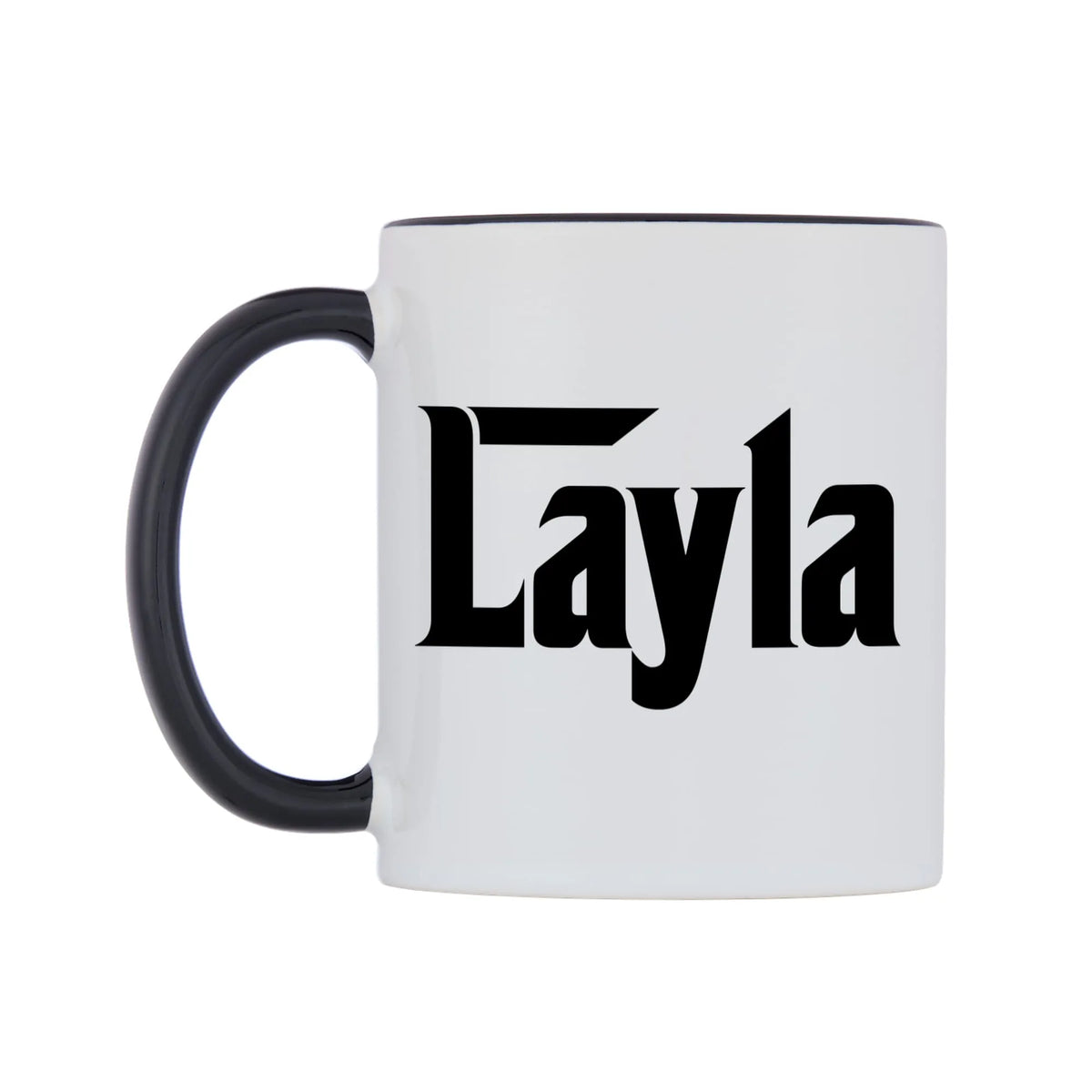 Layla - Godfather Themed Mug — white 11oz gloss mug with a black inside and handle, right side, on a white background