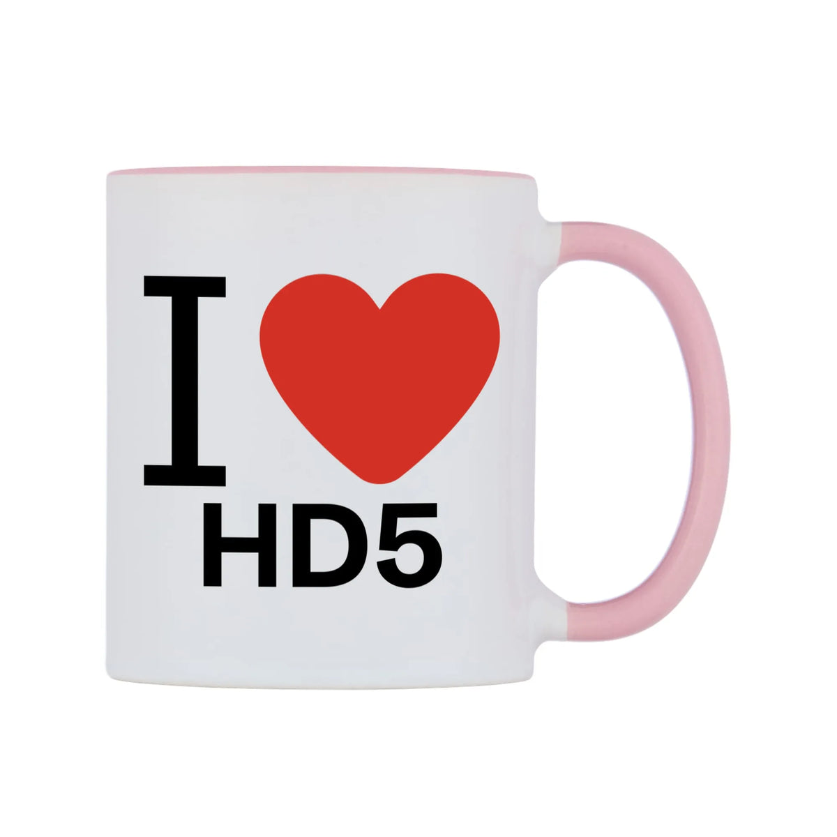 I Love HD5 Mug — white 11oz gloss mug with a pink inside and handle, left side, on a white background