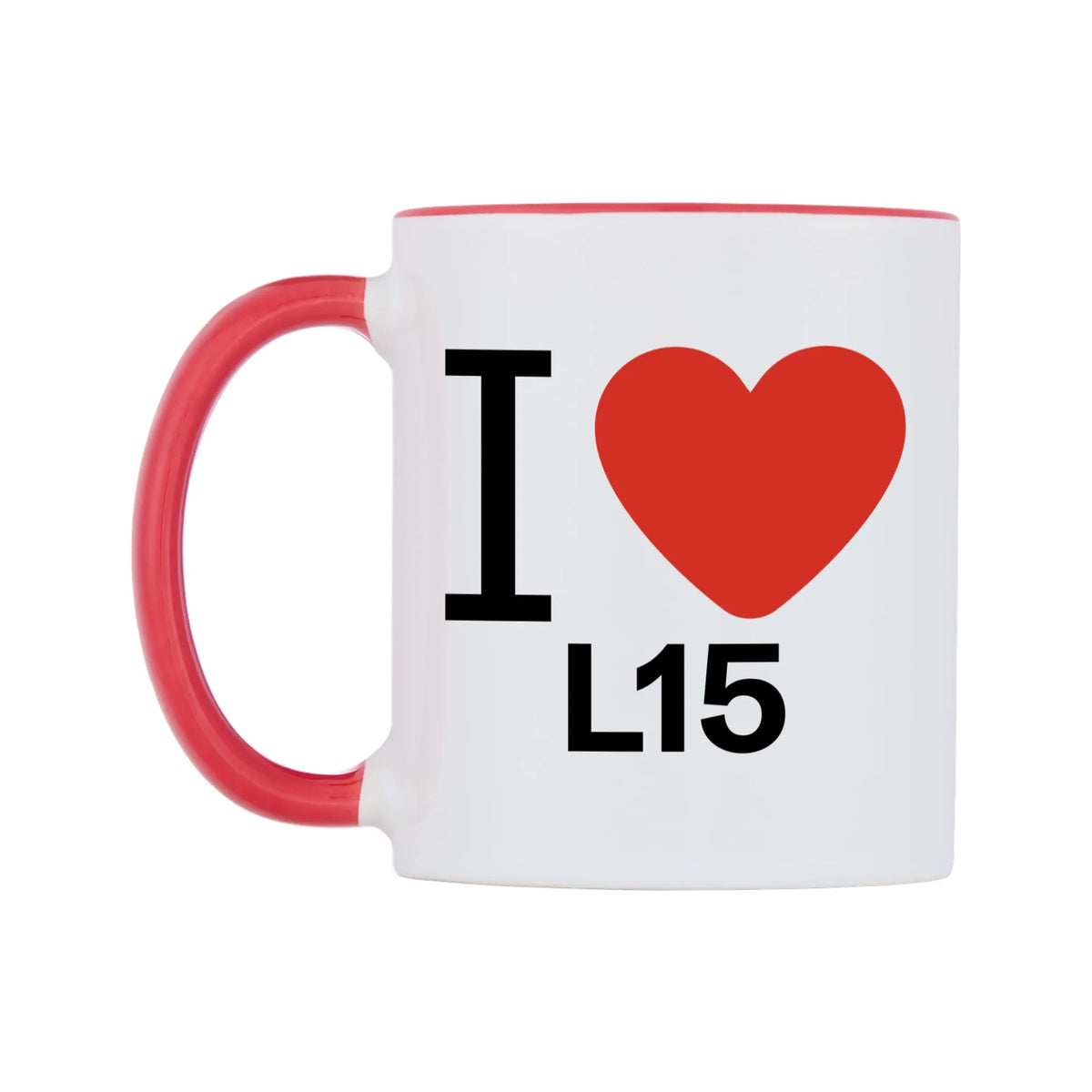 I Love L15 Mug — white 11oz gloss mug with a red inside and handle, right side, on a white background