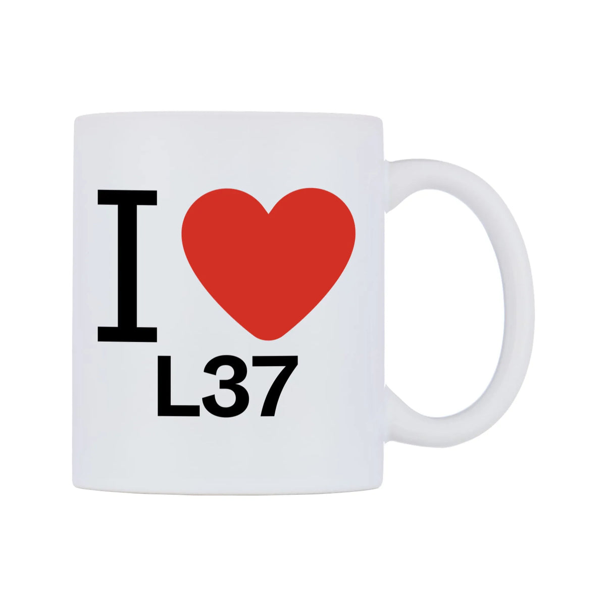 I Love L37 Mug — white 11oz gloss mug, left side, on a white background