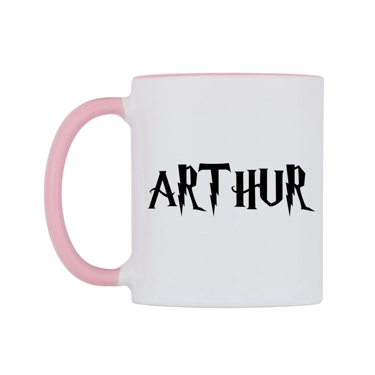 Arthur - Wizard Themed Mug — white 11oz gloss mug with a pink inside and handle, right side, on a white background